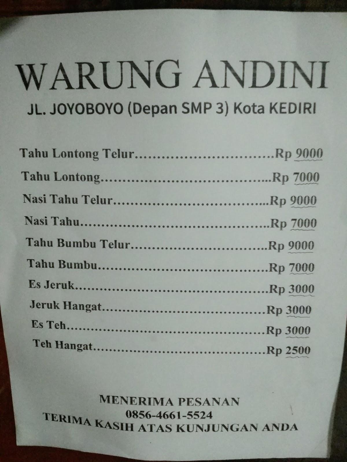 Menu at Warung ANDINI restaurant, Kediri