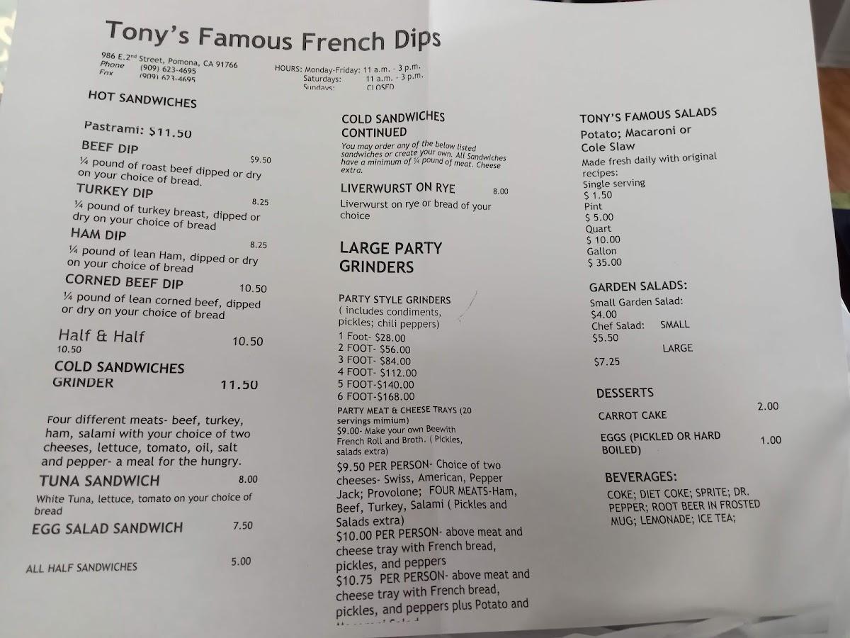 Menu at Tonys French Dips restaurant, Pomona