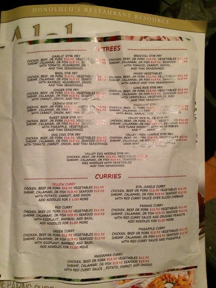Menu at Thai Valley Cuisine restaurant, Honolulu