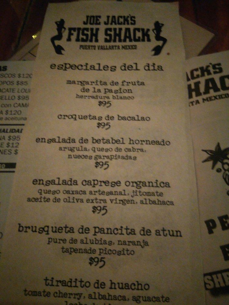 Menu at Joe Jack's Fish Shack restaurant, Puerto Vallarta