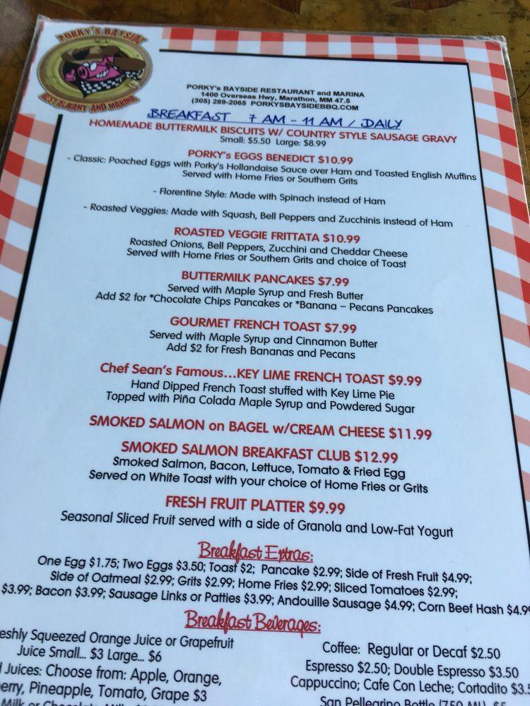 Menu at Porky's Bayside Restaurant and Marina, Marathon, 1400 Overseas