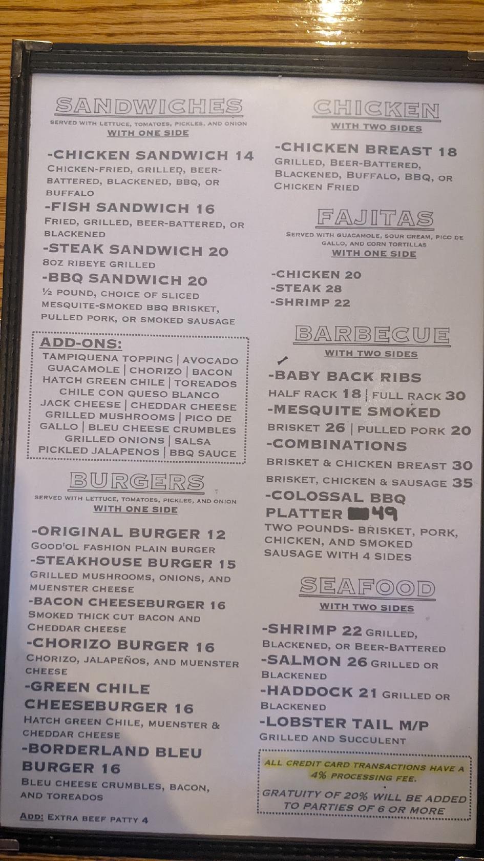 Menu at Borderland Steakhouse, El Paso