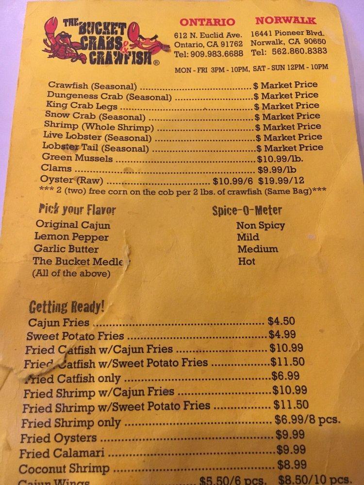 Menu at The Bucket Crab & Crawfish restaurant, Ontario, 612 N Euclid Ave