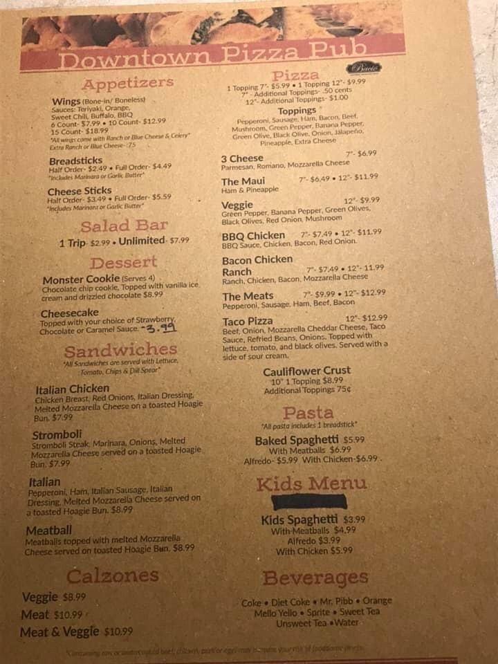 Menu at Downtown Pizza Pub, Harrodsburg, Harrodsburg