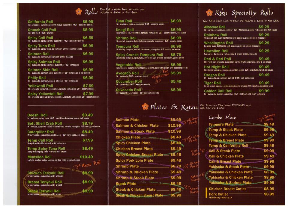 Menu at Kiku Japanese Grill restaurant, Moorpark