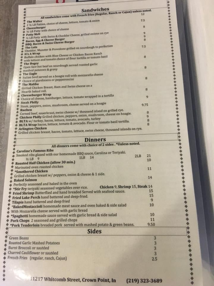 Menu at Pivot Lounge restaurant, Crown Point