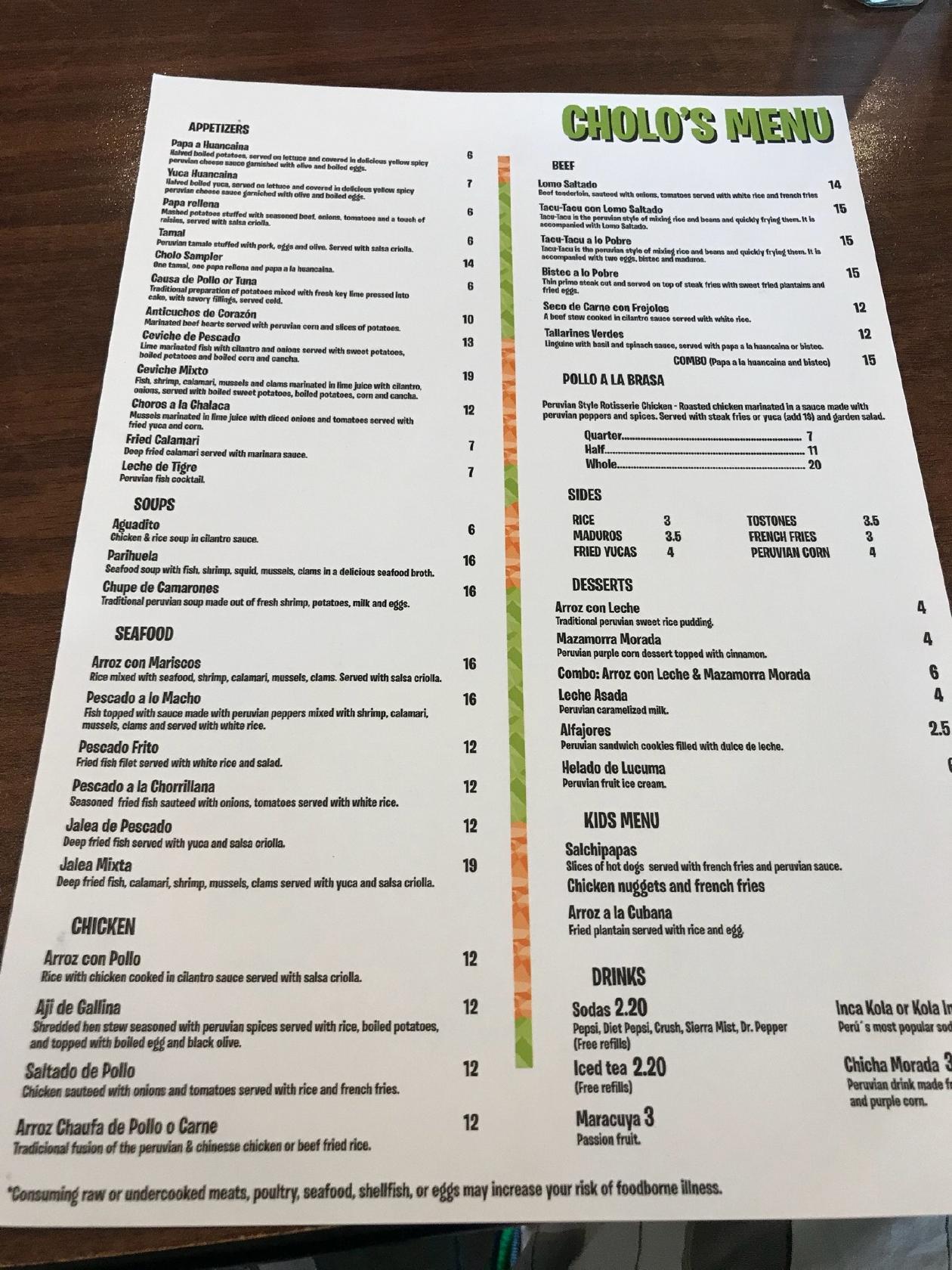 Menu at Cholo's Peruvian Restaurant, Virginia Beach