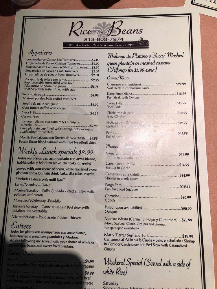 Menu at Rice N Beans restaurant, Wesley Chapel South, Wesley Chapel Blvd