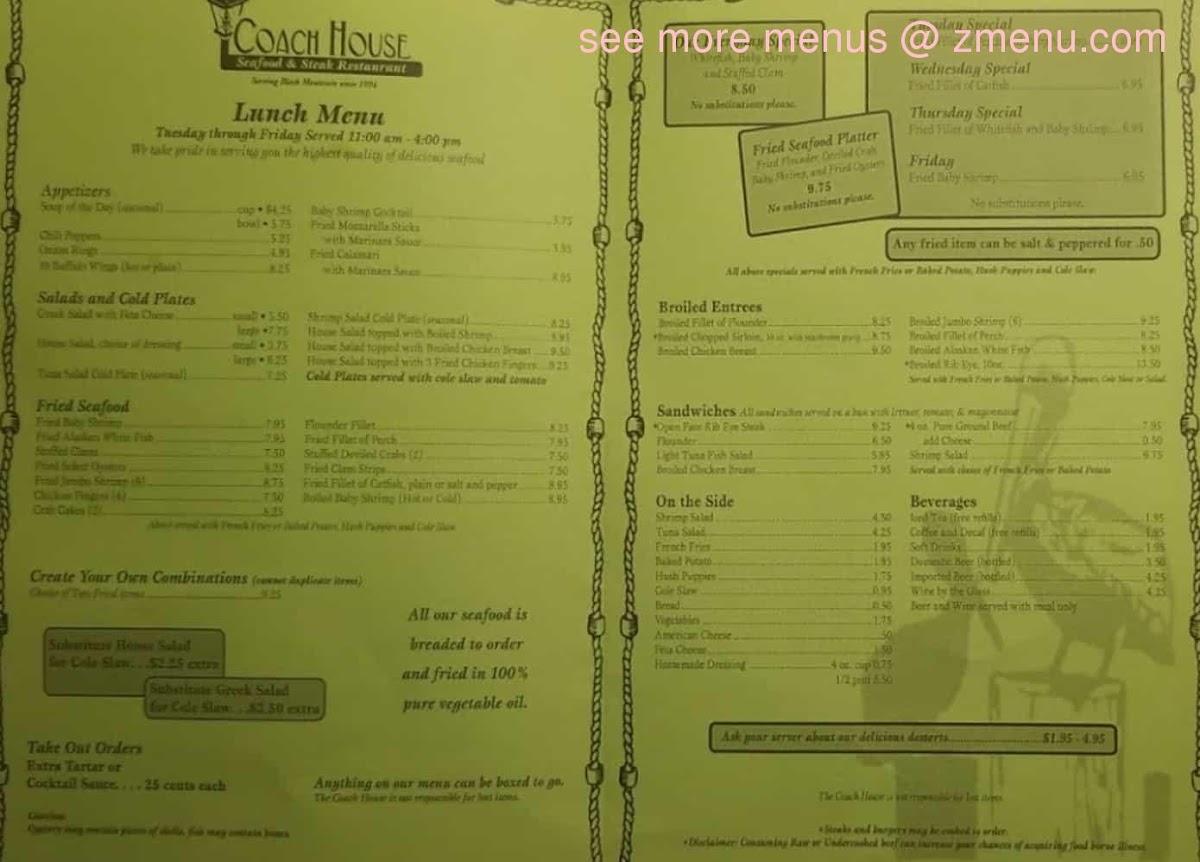 Menu at Coach House Seafood & Steak steakhouse, Black Mountain
