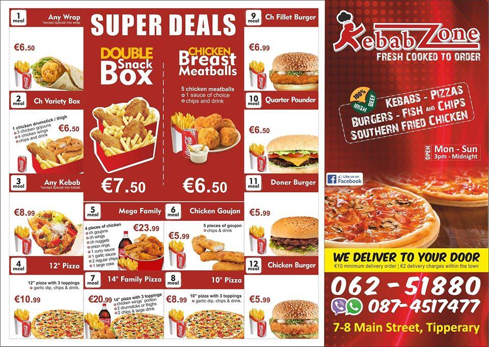 Menu at Kebab Zone restaurant, Tipperary, 7 Main St
