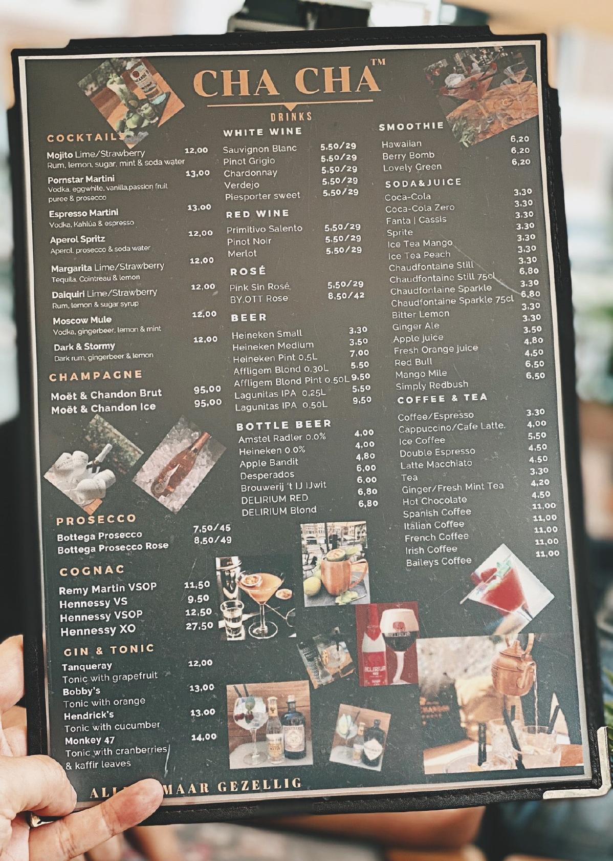 Menu au Caf CHA CHA Amsterdam