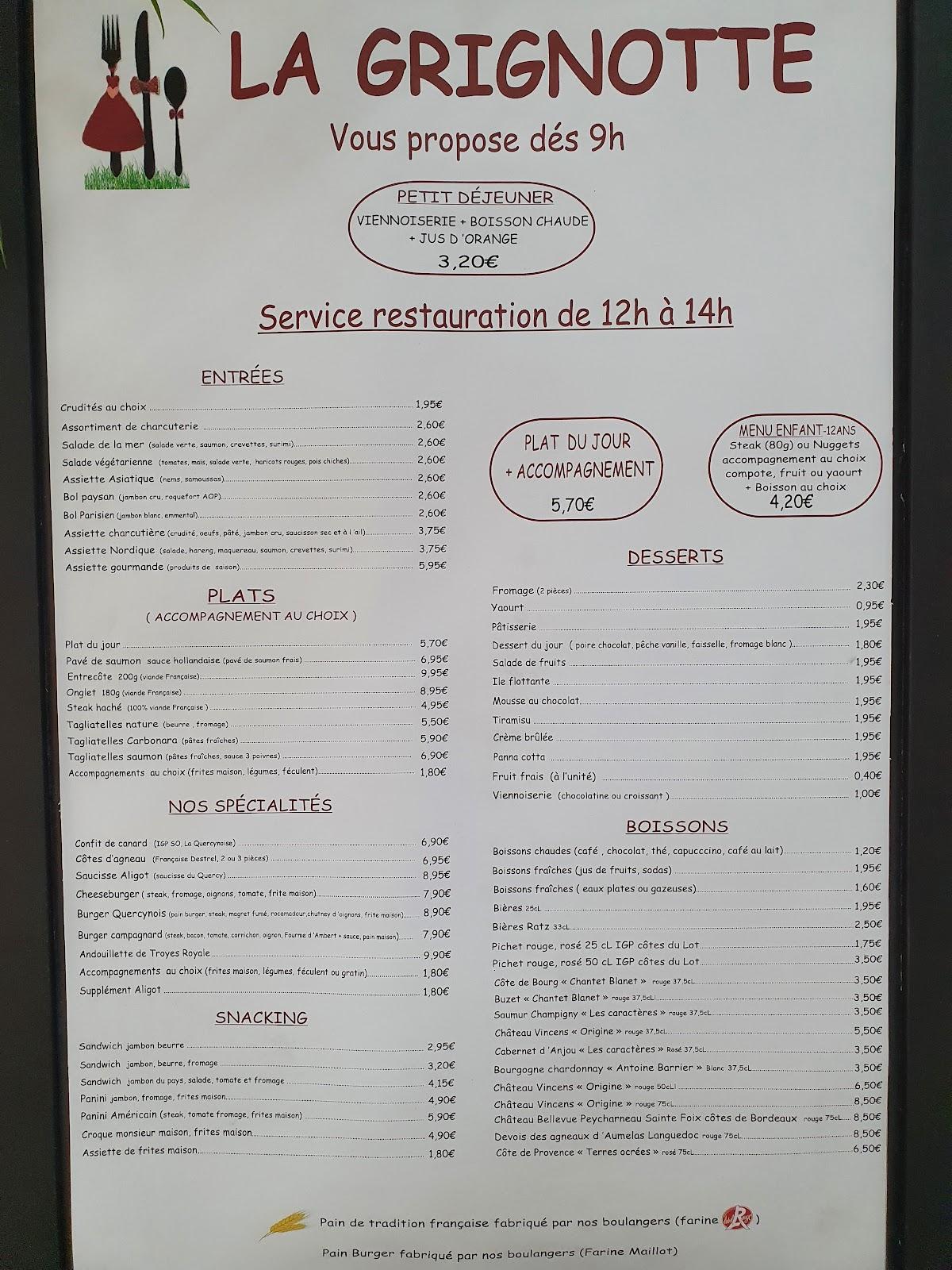 Menu au La Grignotte restaurant, Gramat