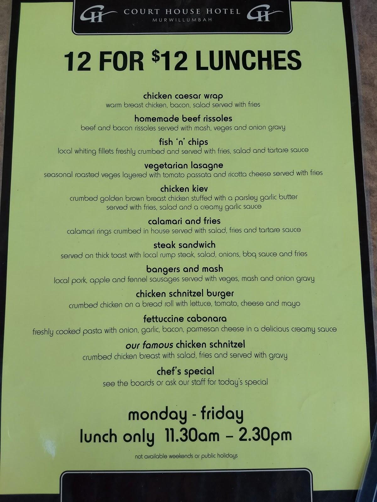 Menu at Courthouse Hotel Murwillumbah restaurant, Murwillumbah