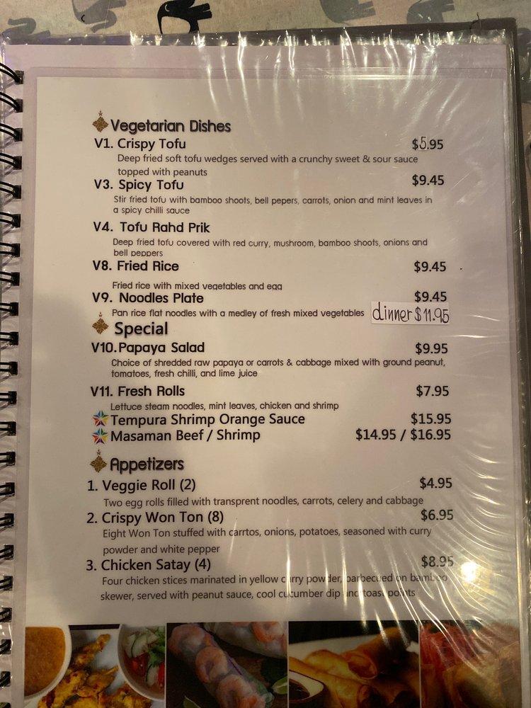 Menu at Thai Gardens restaurant, Lake Montezuma