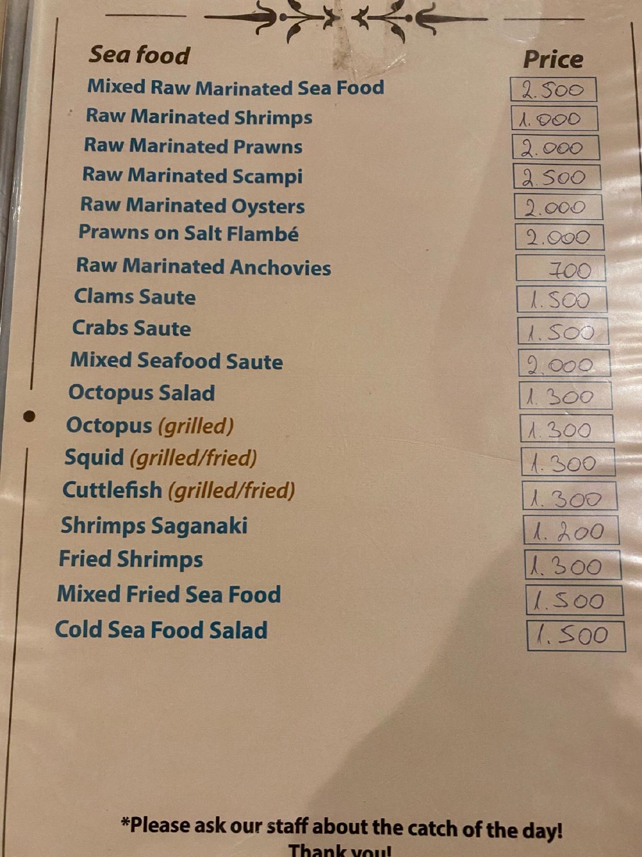 Menu au The Mussel House restaurant, Ksamil