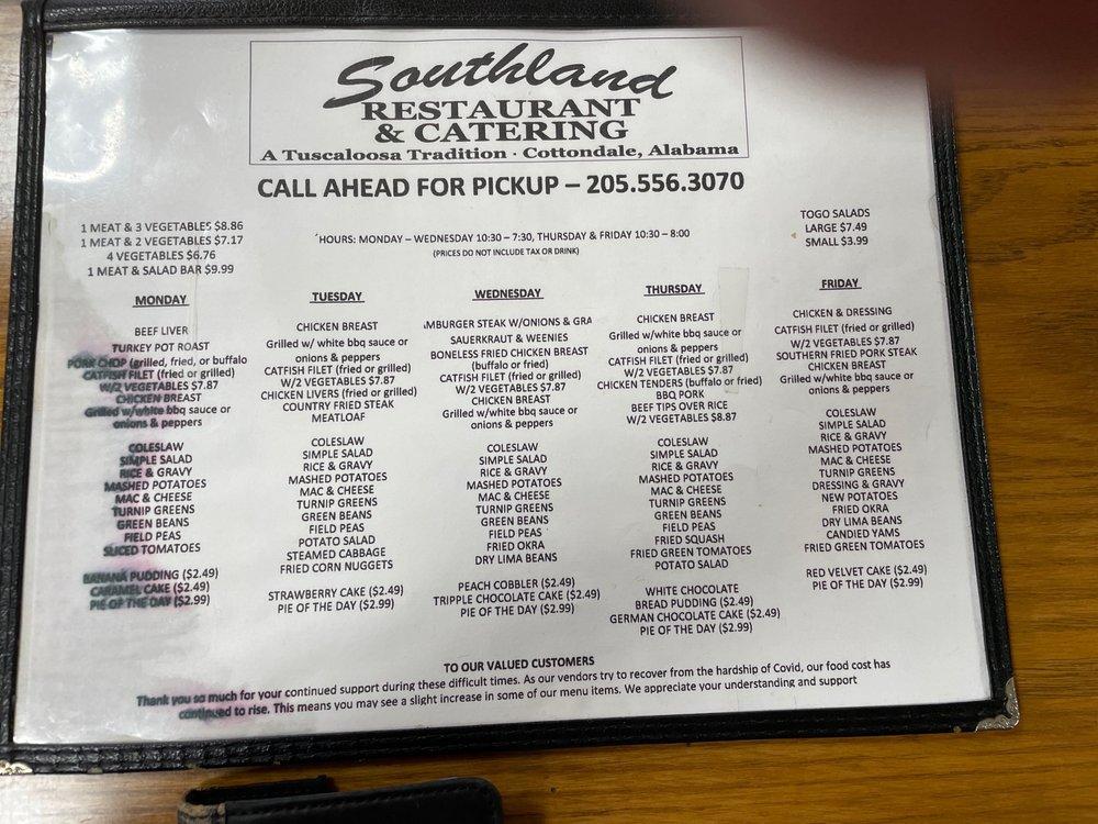 Menu at Southland Restaurant, Cottondale