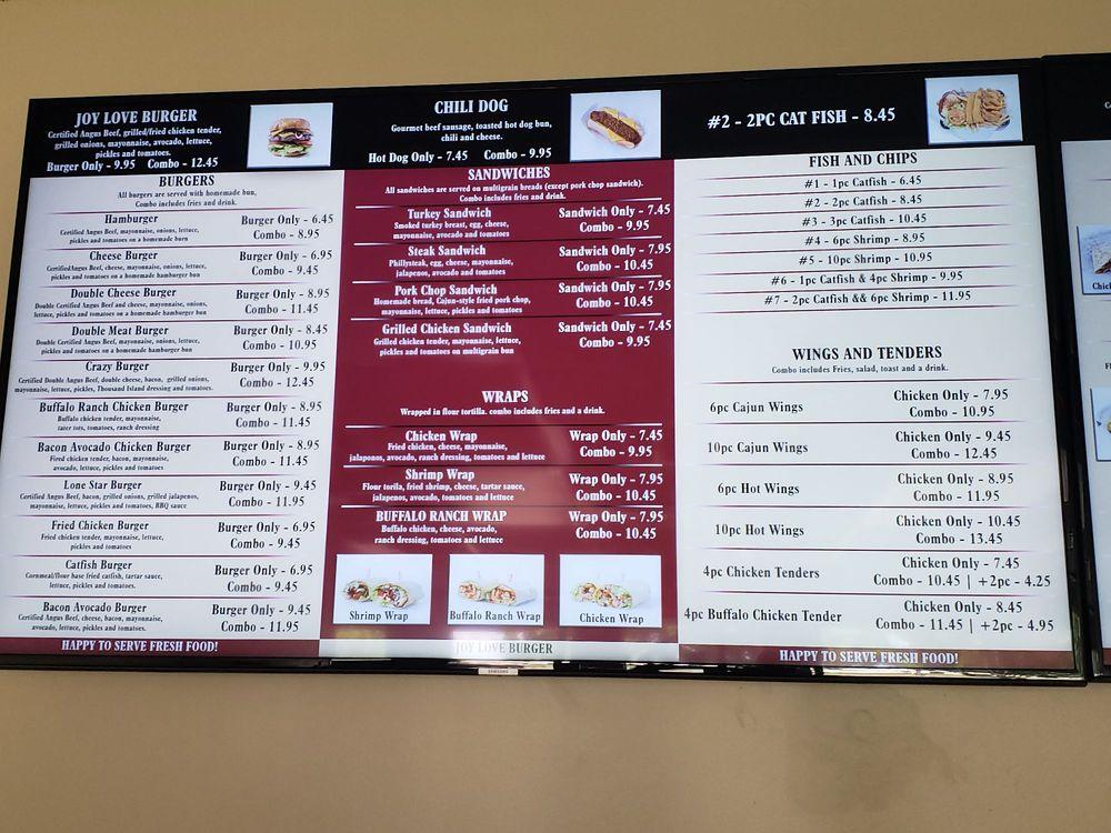 Menu at Joy Love Burgers restaurant, Houston, N Mason Rd