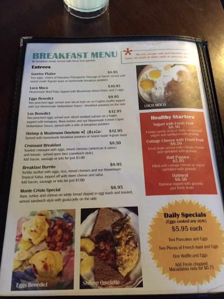 Menu at Sunrise Cafe, Lahaina
