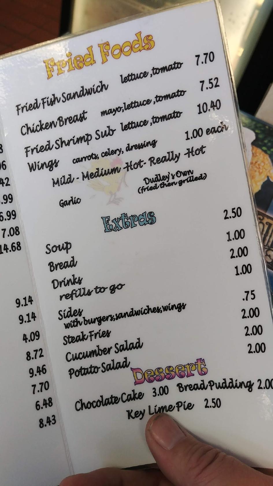 Menu at Dudley's restaurant, DeLand