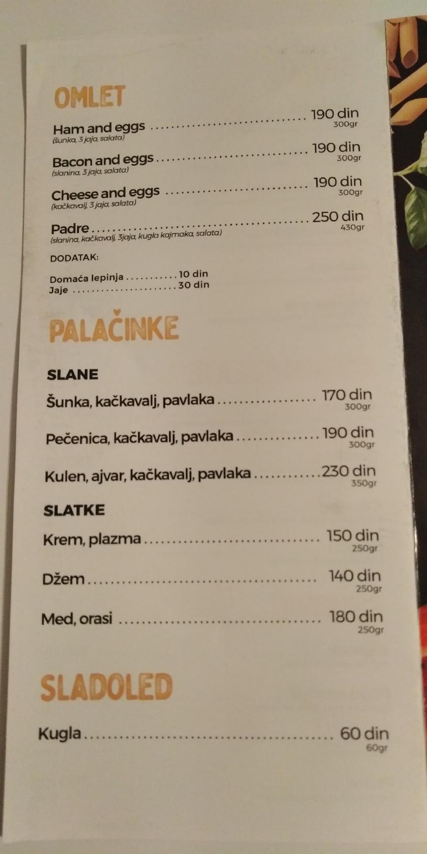 Menu at Padre by Stojković restaurant, Niš