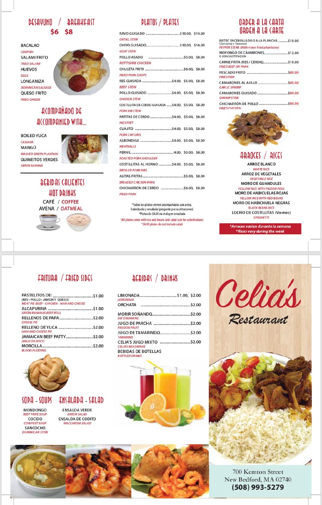 Menu at Celia's Restaurant, New Bedford