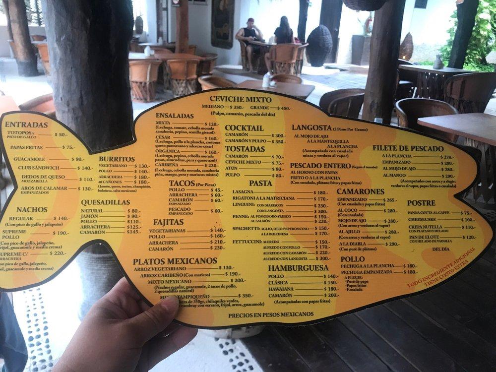 Carta del restaurante Kalma 40 cañones, Mahahual