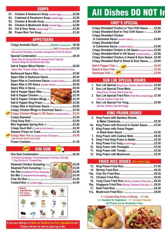 Menu at Sun Lok fast food, Stalybridge