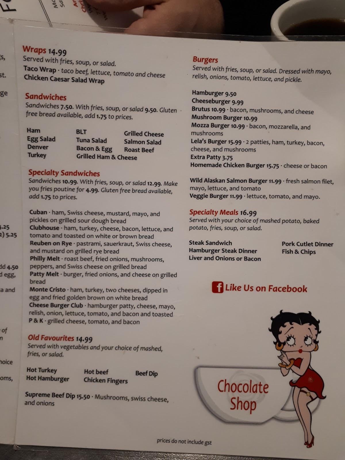 Menu at Chocolate Shop restaurant, Medicine Hat