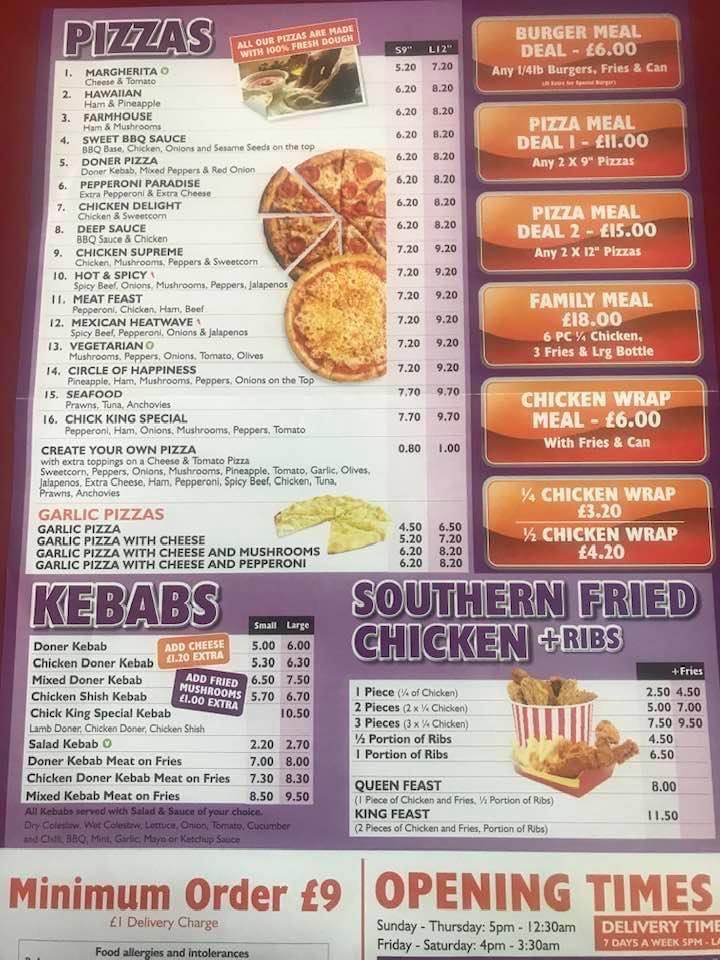 Menu at Chick King fast food, Carmarthen