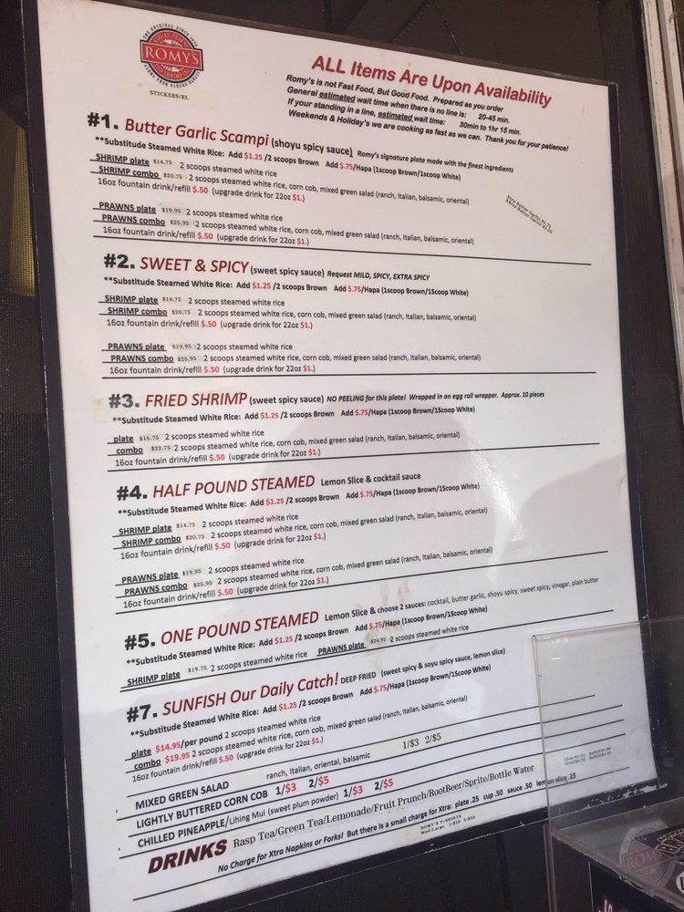 Menu at Romy's Kahuku Prawns & Shrimp Hut cafe, Kahuku