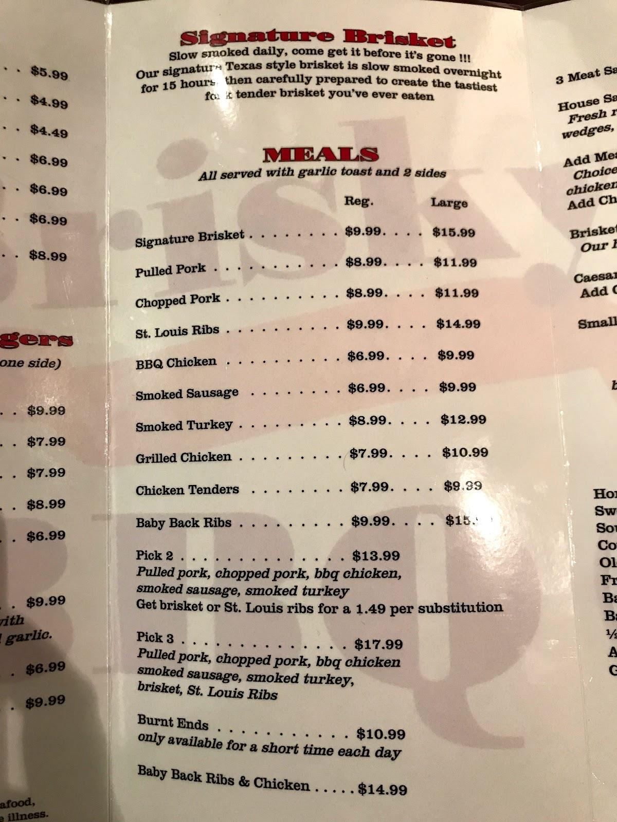 Menu at Brisky's BBQ, St. Augustine