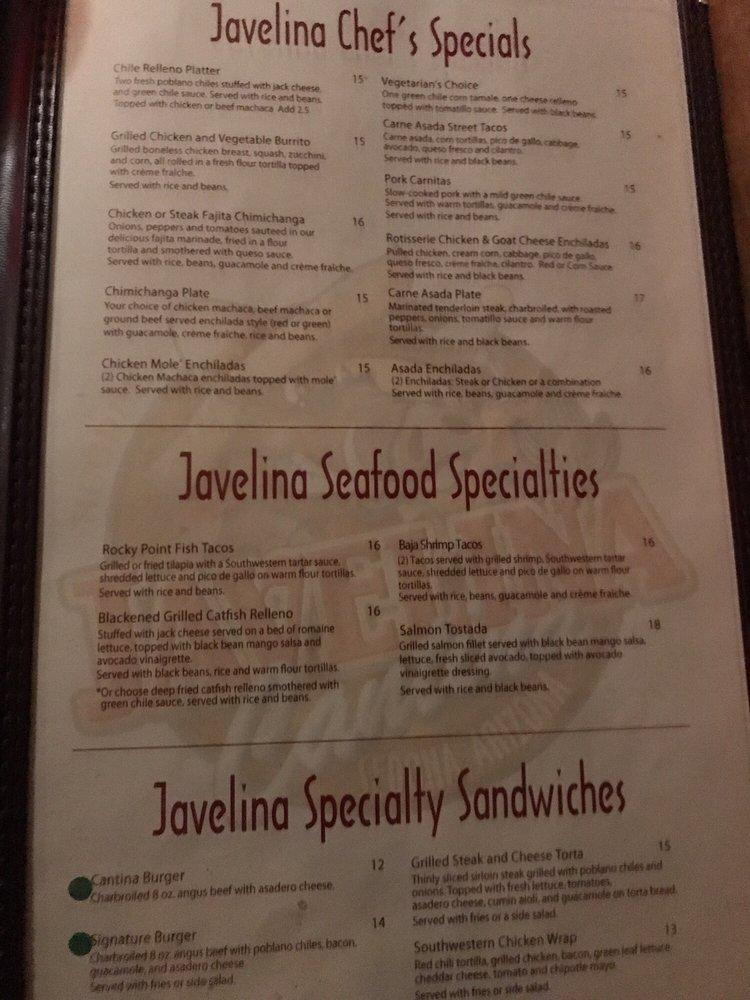 Menu at Javelina Cantina restaurant, Sedona, 671 AZ179