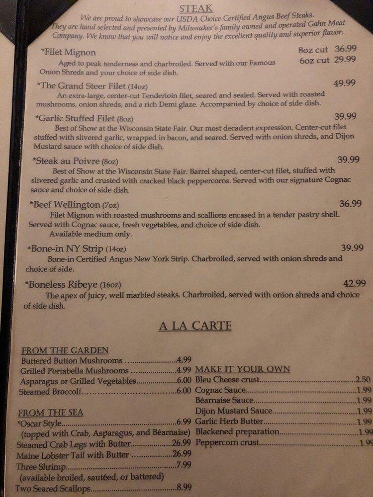 Menu at The Packing House steakhouse, Milwaukee