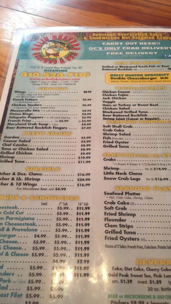 Menu at Belly Busters restaurant, Ocean City