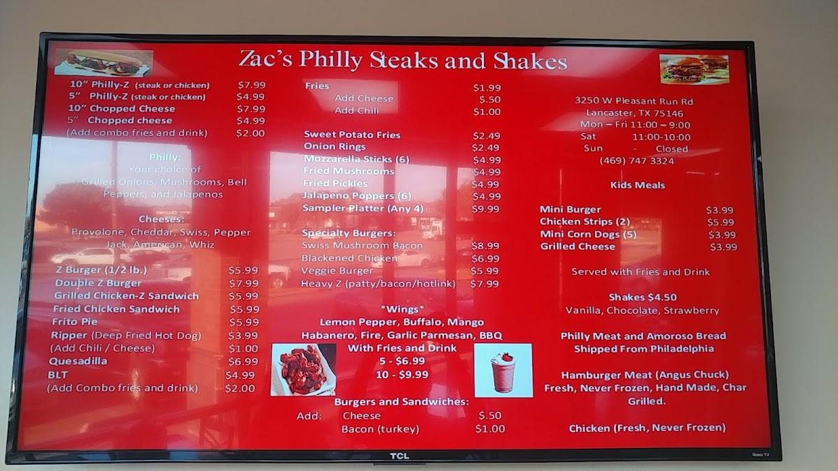 Menu at Zac's Phillysteaks & Shakes restaurant, Lancaster