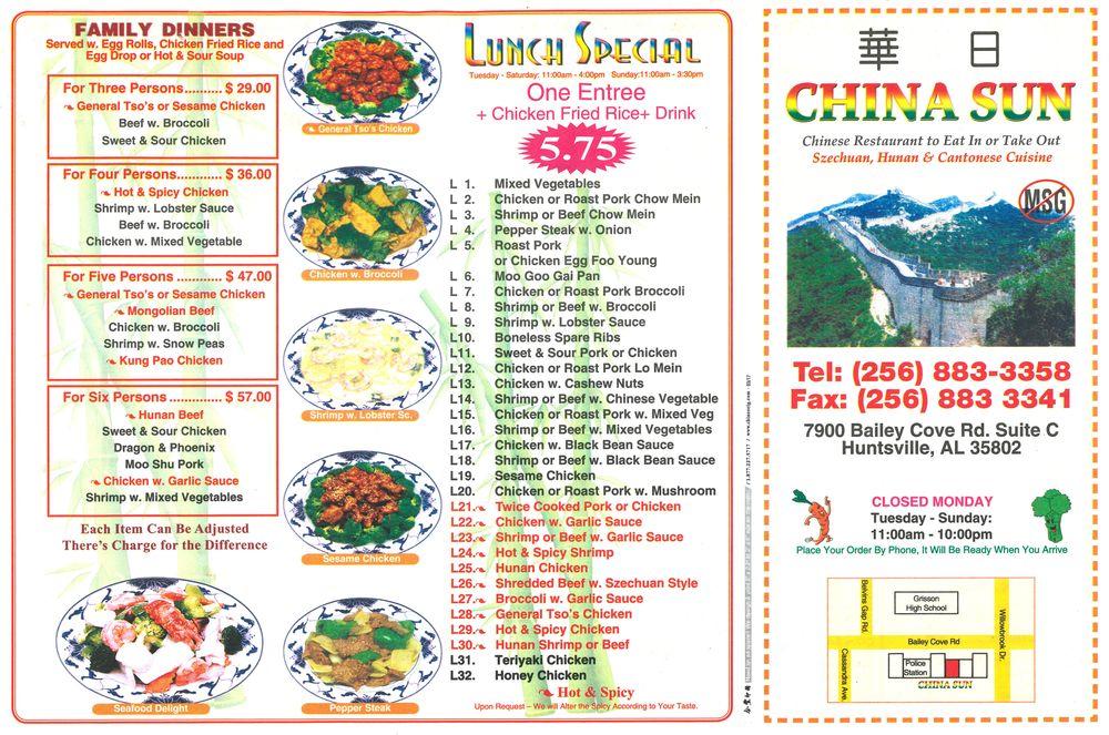 Menu at China Sun restaurant, Huntsville