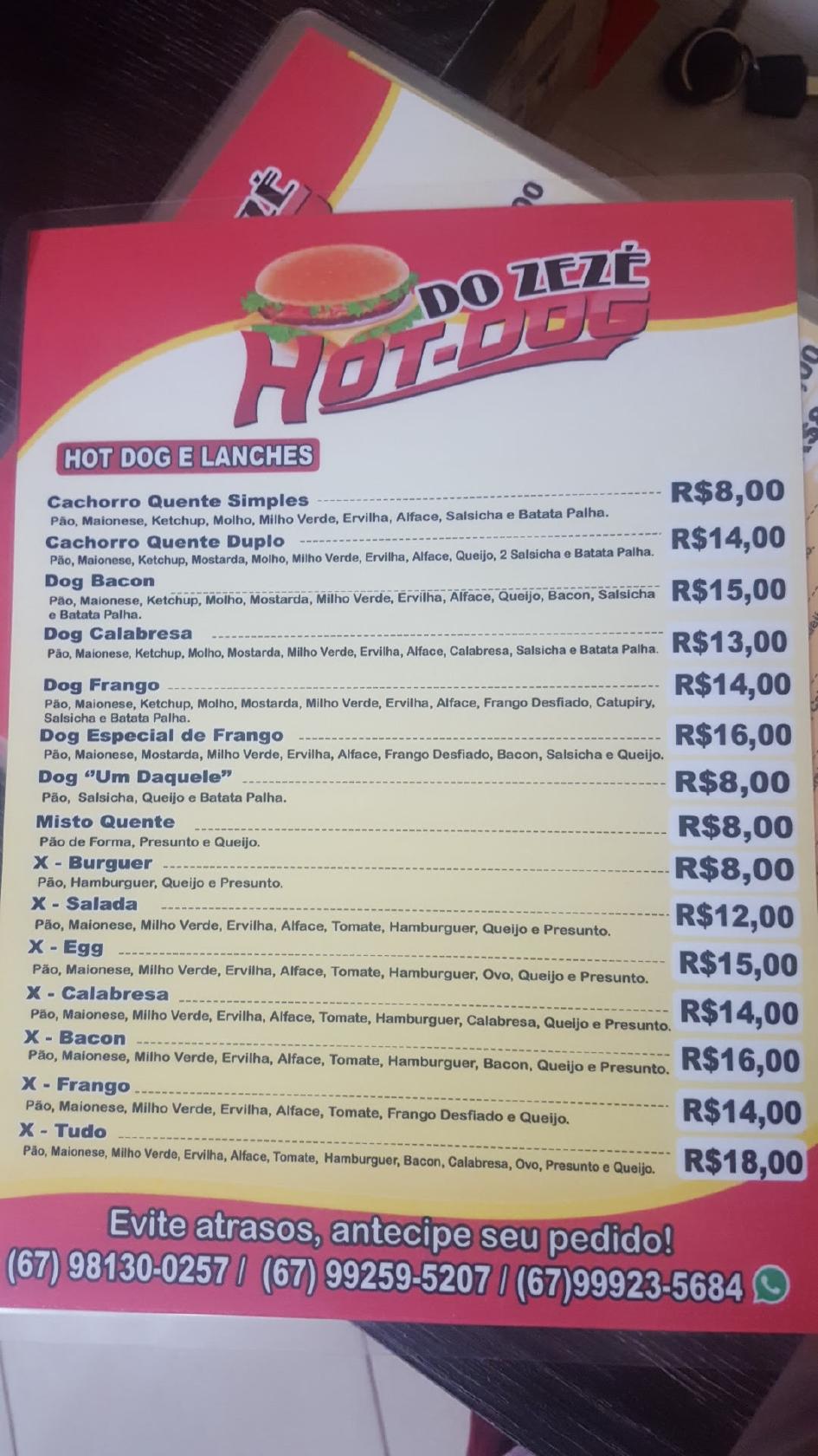 Hot Dog Do Zezé cardápio