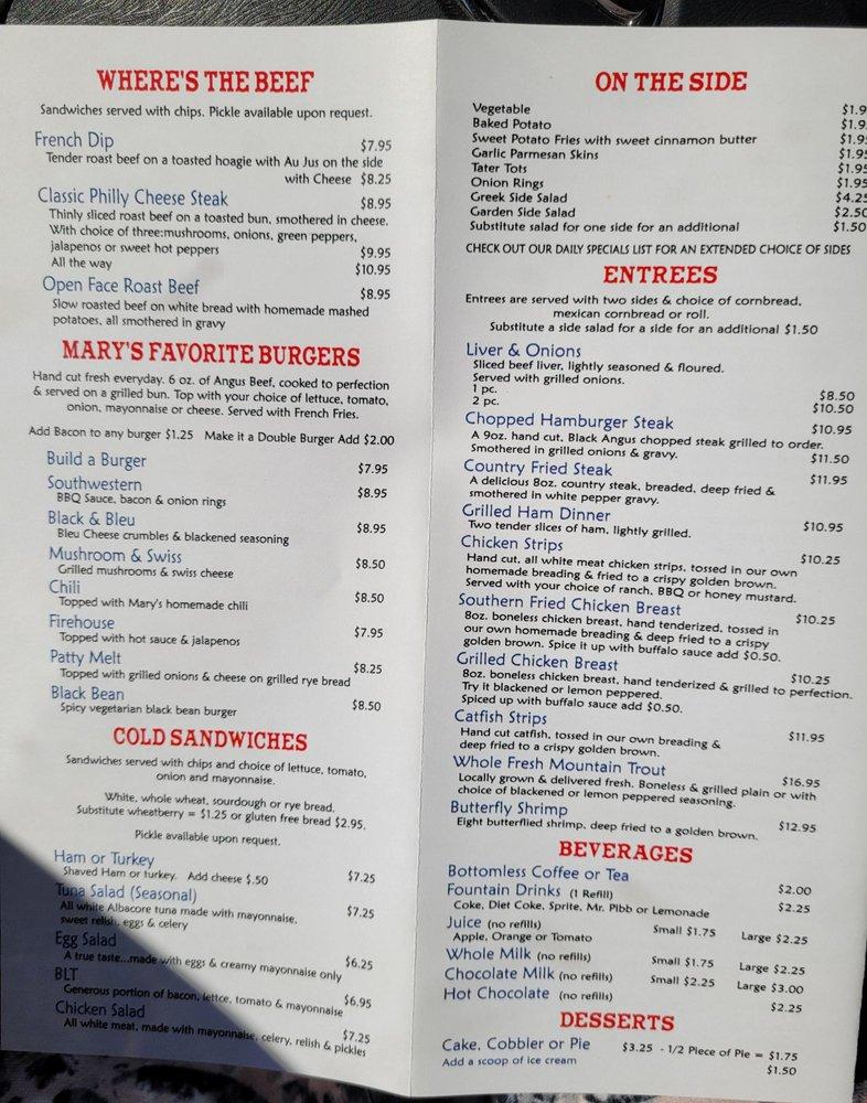 Menu at Mary's Southern Grill restaurant, Young Harris