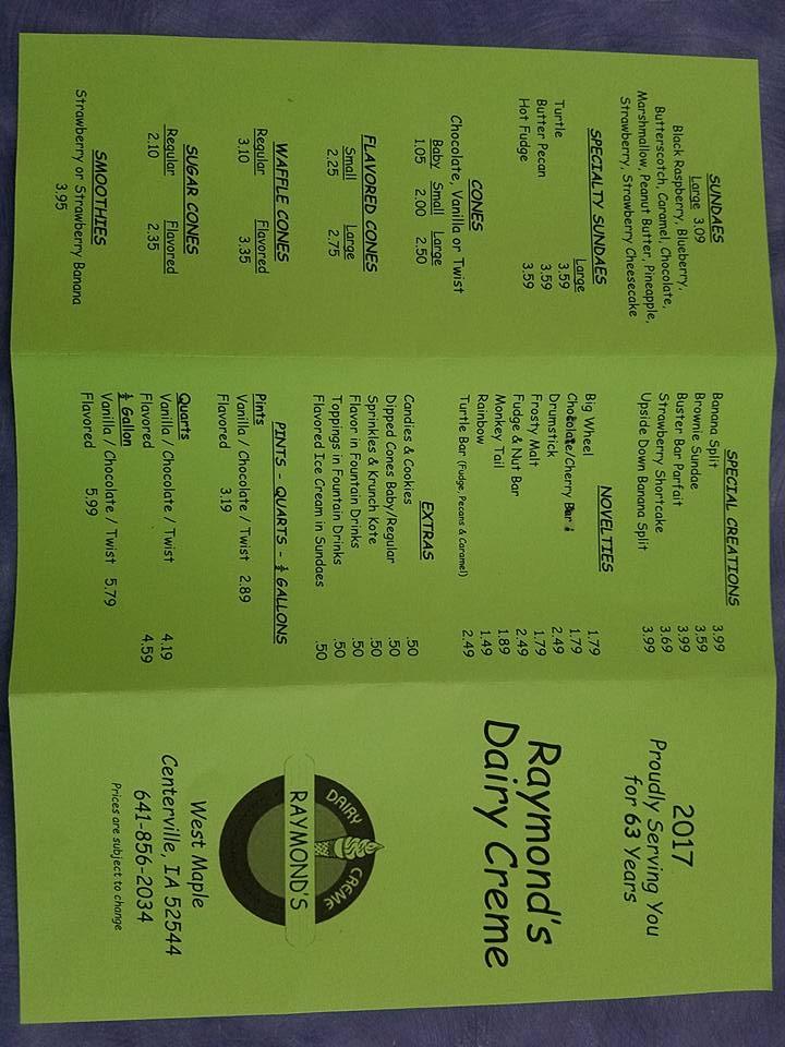 Menu at Raymonds Dairy Creme restaurant, Centerville