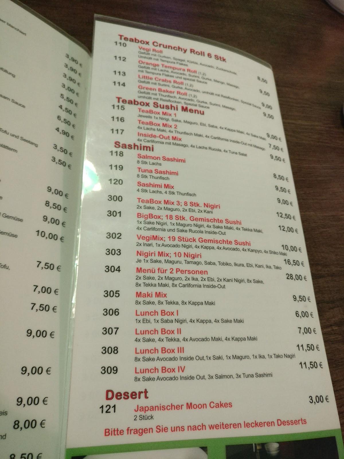 Menu at TeaBox restaurant, Cologne, Domstraße 93