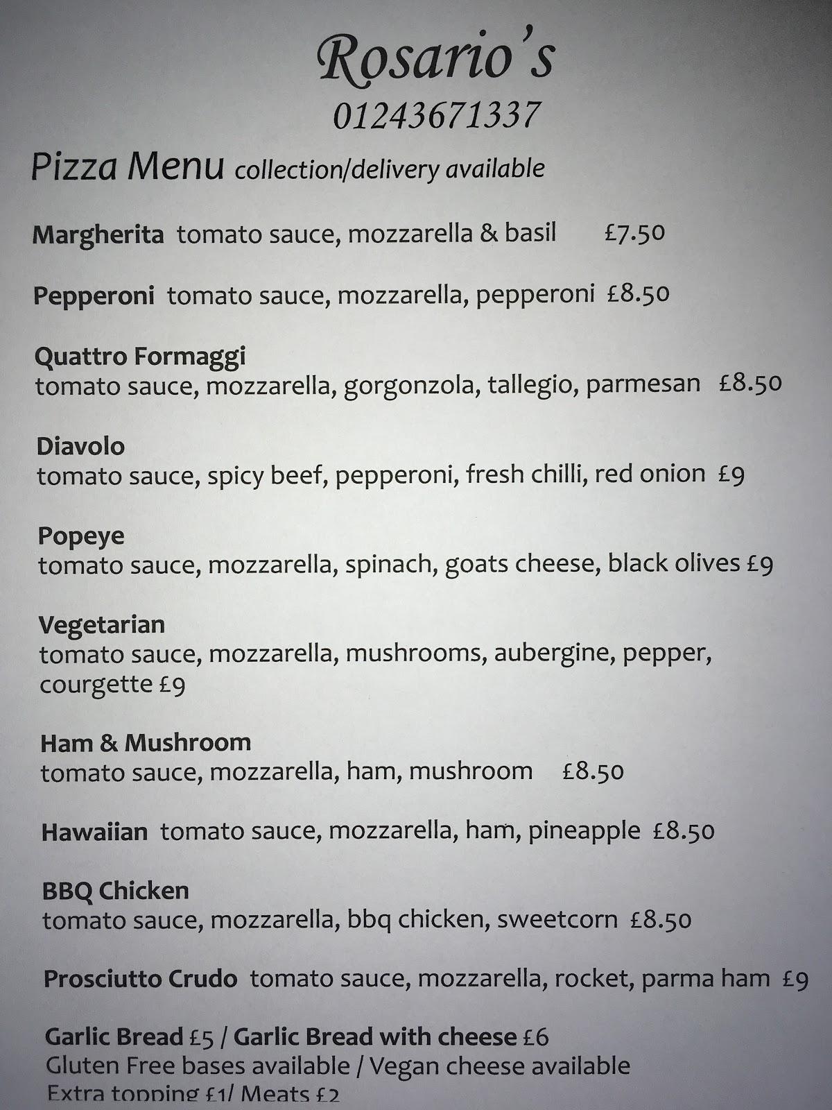 Menu at Rosario's pub & bar, East Wittering