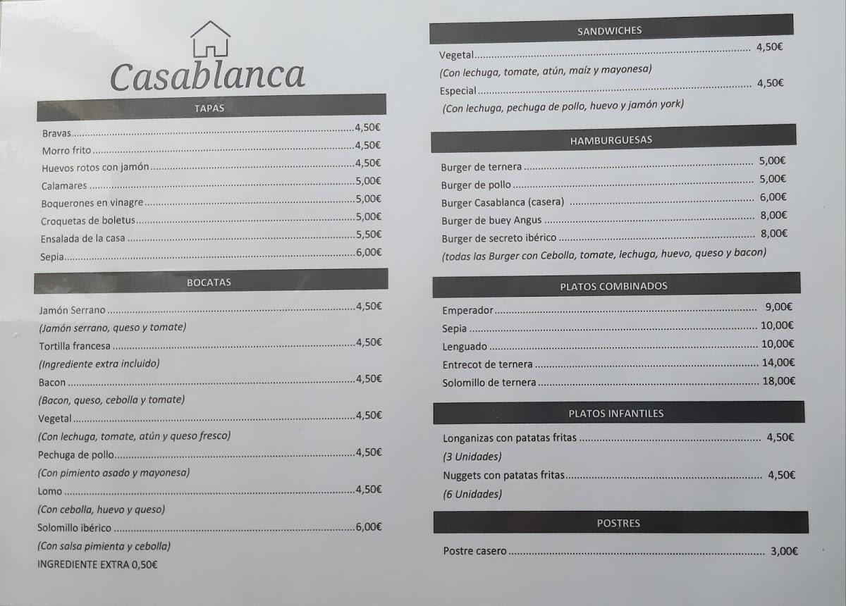 Menu at Bar Casablanca, La Vall d'Uixó