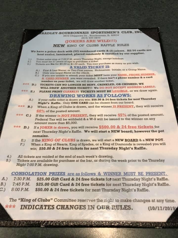 Menu at Bradley Bourbonnais Sportsmen's Club, Bourbonnais