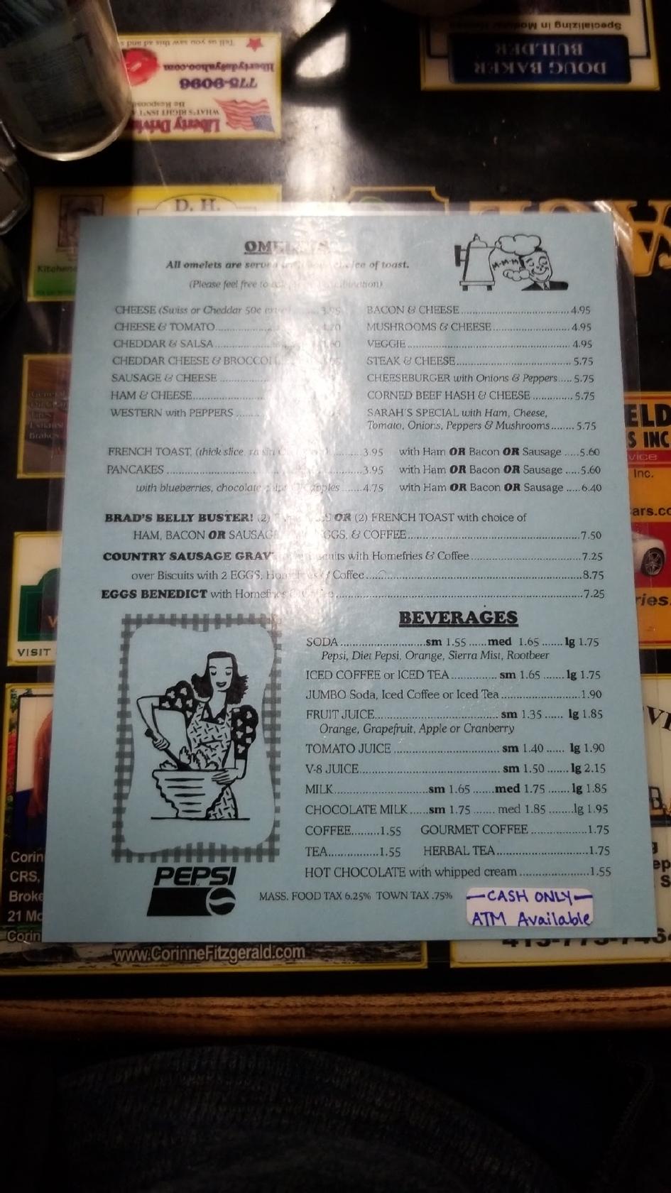 Menu at Brad's Place restaurant, Greenfield