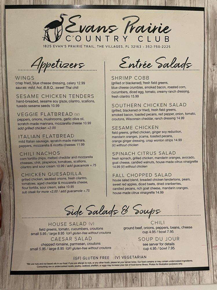 Menu at Evans Prairie Country Club Restaurant, The Villages
