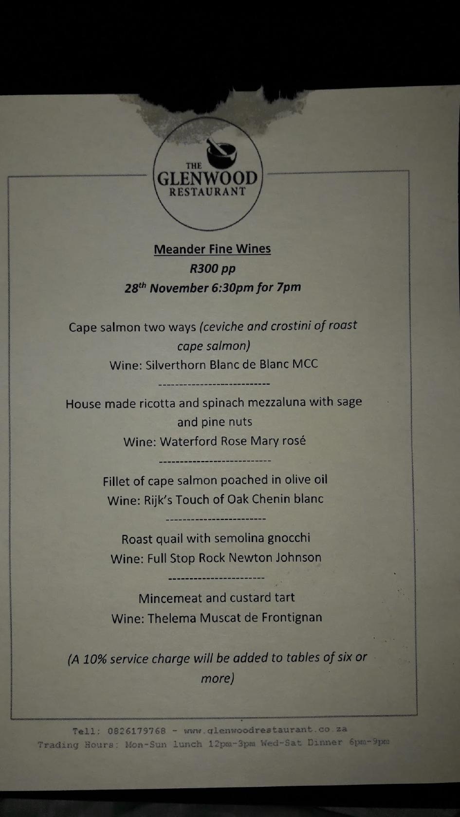 Carta De The Glenwood Restaurant Durban