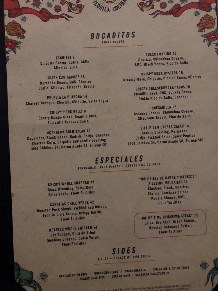 Menu at Guy Fieri's Tequila Cocina restaurant, Boston