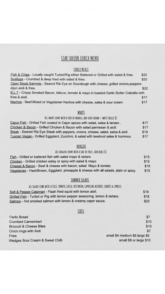 Menu At Star Tavern Restaurant Cape Foulwind