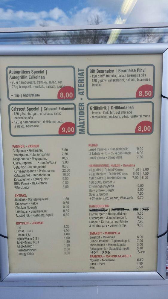 Menu at Autogrilli fast food, Jakobstad