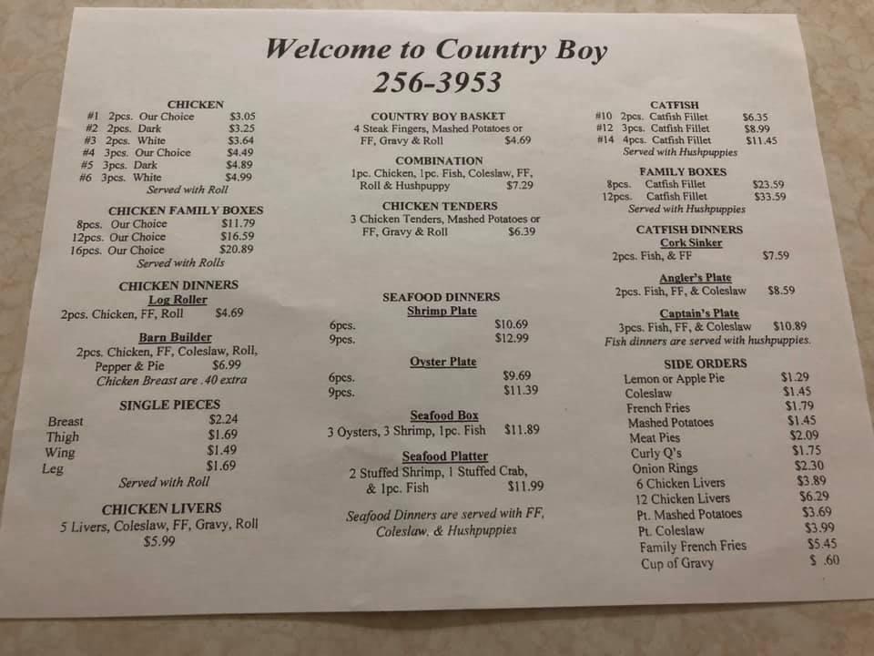 Menu at Country Boy Restaurant, Many